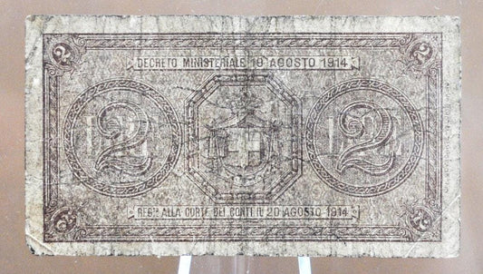 1914 Italy 2 Lire Banknote - Italy Two Lire Due Lire Paper Money 1914, Cool Old Banknote from Italy, Pick #37c
