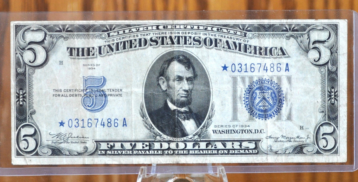 1934 5 Dollar Star Note Silver Certificate Star Note - VF+ Grade / Condition - 1934 Five Dollar Star Note 1934 Fr1650* / Fr#1650*