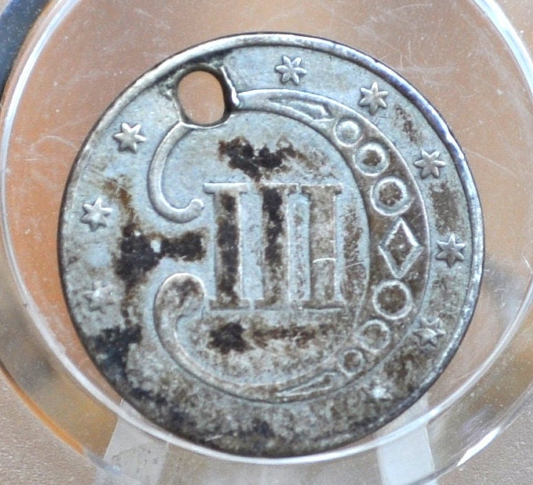 1852 Three Cent Silver US Coin - VG Detail, Holed - 1852 3 Cent Trimes Silver 3 Cent Piece - Great & Affordable Collection Piece