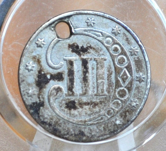 1852 Three Cent Silver US Coin - VG Detail, Holed - 1852 3 Cent Trimes Silver 3 Cent Piece - Great & Affordable Collection Piece