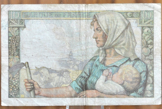 1942 France 10 Franc Banknote - Miner Type - Pick Number 99d (P#99d) - French Ten Francs Banknote 1942 15-10-1942