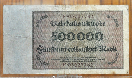 1923 500,000 Mark Weimar Republic German Paper Reichsbanknote - Great Condition - WWI era note - Five Hundred Thousand Mark Note 1923