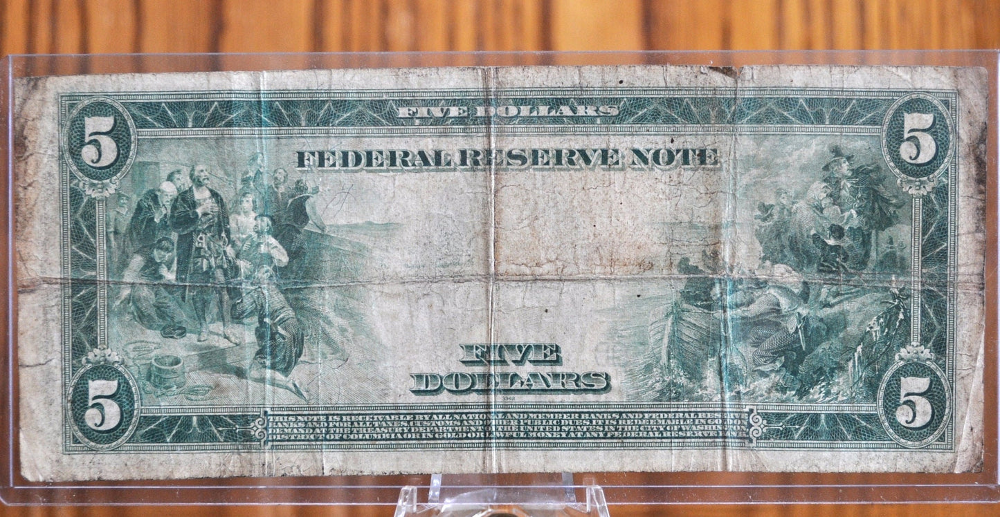 1914 5 Dollar Federal Reserve Note Large Size Fr851 - VG (Very Good) - NY 1914 Five Dollar Bill Large Note 1914 New York Fr#851