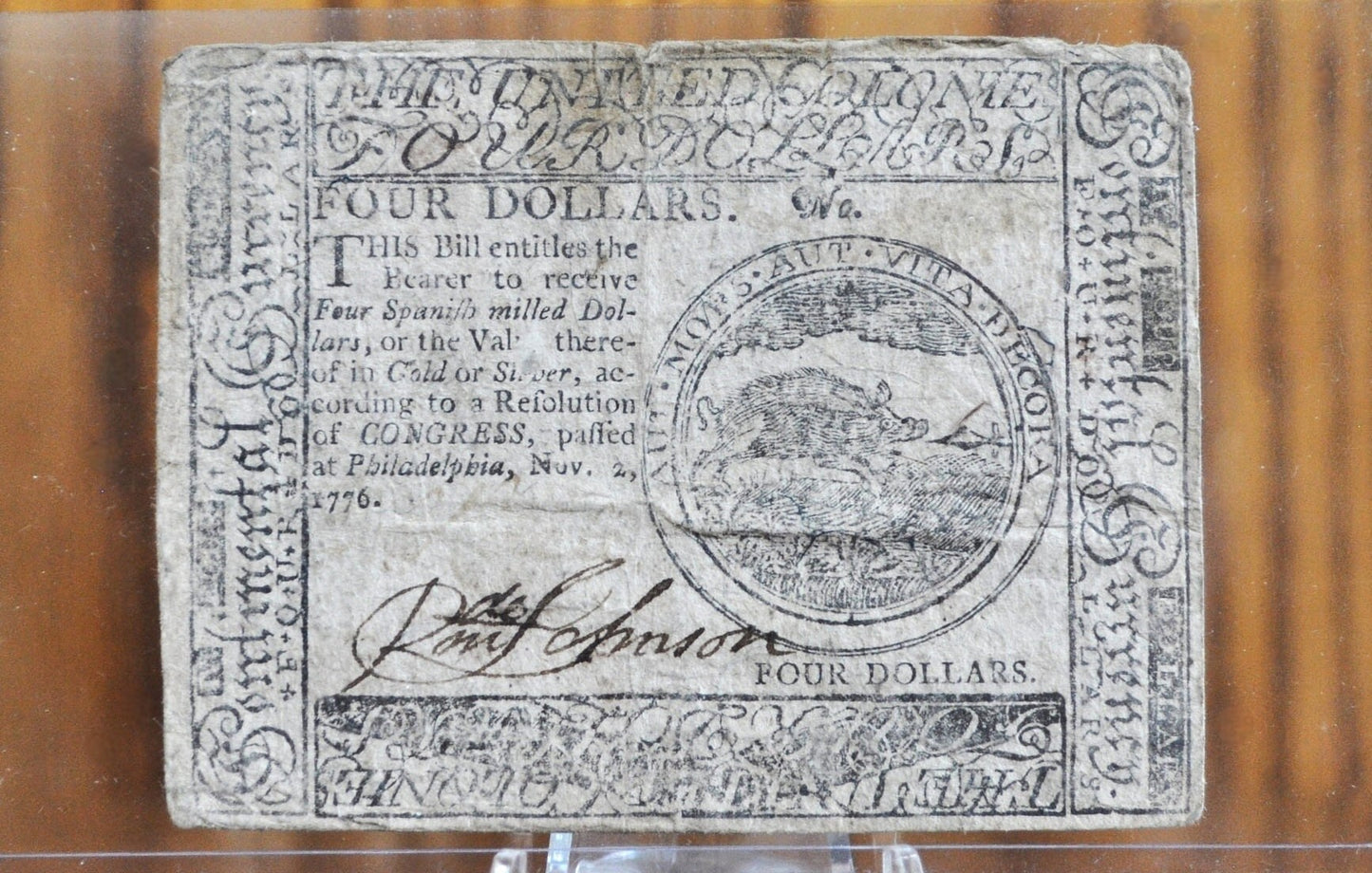 1776 4 Dollar Continental Currency - Nov. 2nd 1776 4 Dollar Paper Money - CC-41 - Four Spanish Milled Dollars, Continental Congress 1776