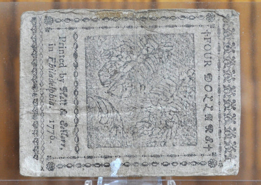 1776 4 Dollar Continental Currency - Nov. 2nd 1776 4 Dollar Paper Money - CC-41 - Four Spanish Milled Dollars, Continental Congress 1776
