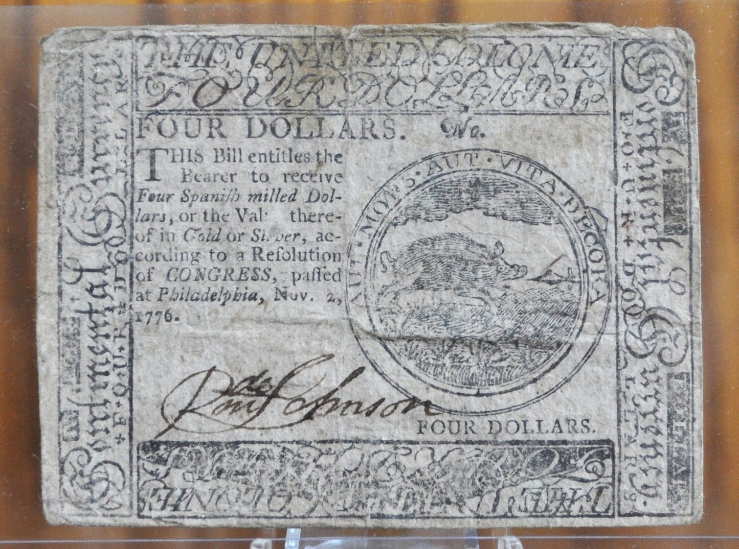 1776 4 Dollar Continental Currency - Nov. 2nd 1776 4 Dollar Paper Money - CC-41 - Four Spanish Milled Dollars, Continental Congress 1776