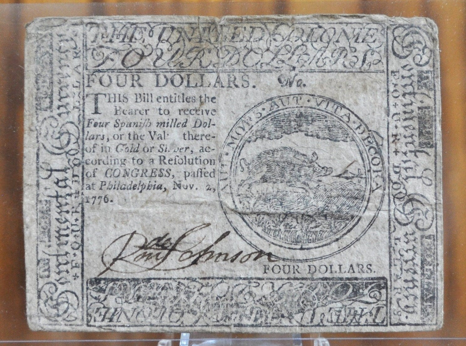 1776 4 Dollar Continental Currency - Nov. 2nd 1776 4 Dollar Paper Money - CC-41 - Four Spanish Milled Dollars, Continental Congress 1776