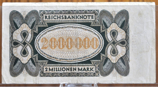 1923 2 Million Mark Weimar Republic German Paper Reichsbanknote - Great Condition - WWI era note - Two Million Marks 1923, Rarer Type!