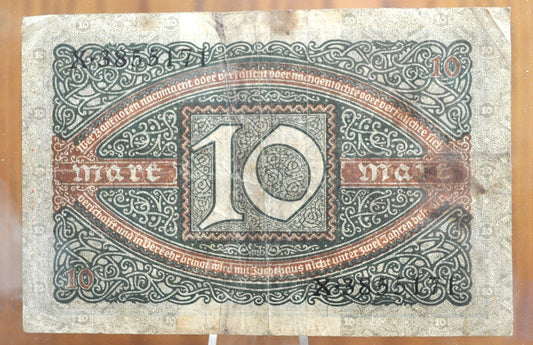 1920 10 Mark German Paper Money - 1920 Reichsbanknote - XF+ Condition - WWI era German Paper Money, 10 Marks 1920 / German 10 Mark 1920