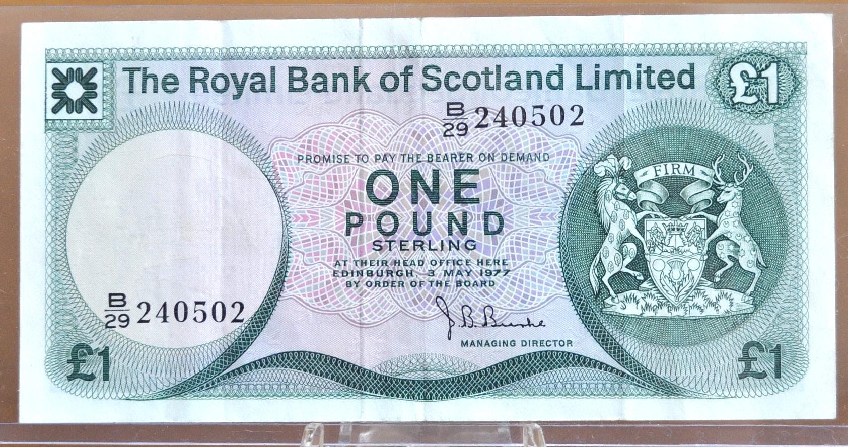1977 Bank of Scotland 1 Pound Banknote - AU - The Royal Bank of Scotland Limited, Edinburgh Castle, Pick #336a, Obsolete Paper Money