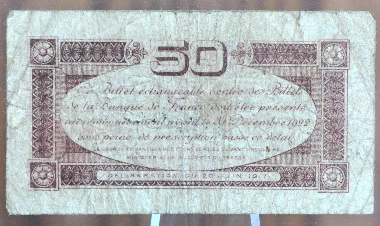 1917 France Toulouse Chamber of Commerce 50 Centimes Banknote - First Series - 1917 French Fifty Centimes Chamber of Commerce Banknote 1917