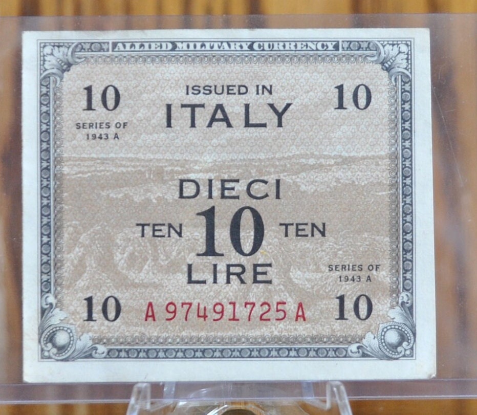1943 10 Lire Italian Banknote - Cool Old Banknote from WWII - Italy Banknote Ten Lire Dieci Lire Banknote 1943 A Allied Military WWII Issue