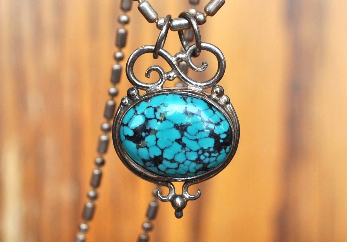 Vintage Turquoise Necklace, 925 Silver, Authentic Navajo Turquoise
