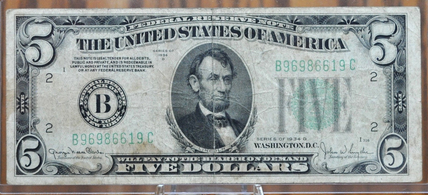 1934-D Federal Reserve 5 Dollar Note - Choose by Grade and Bank Issue - 1934D US Five Dollar Banknote - Fr.1960A/B