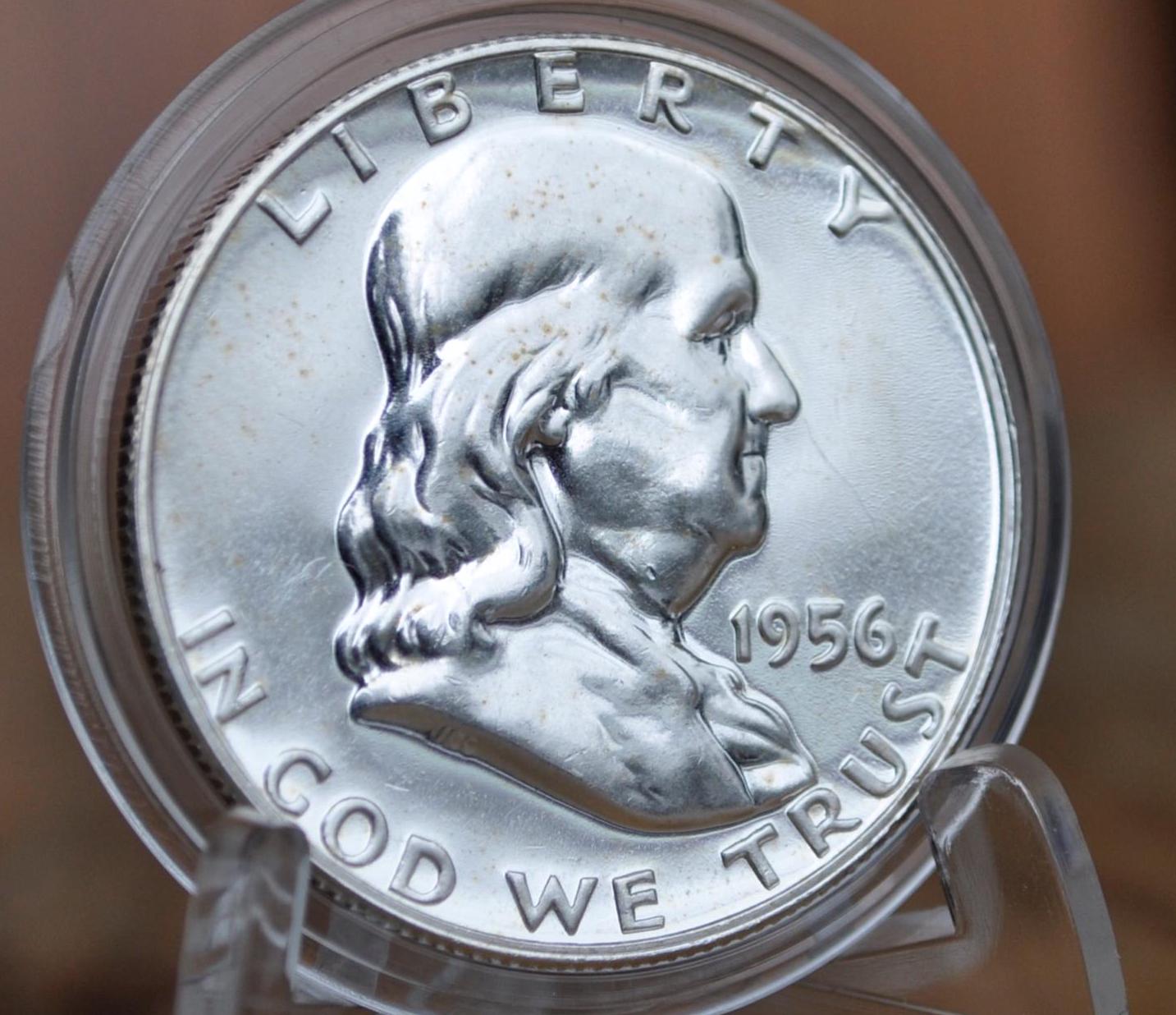 1956 Franklin Half Dollar- XF/AU (Extra Fine to About Uncirculated) - Good Date - 1956P Silver Half Dollar - Philadelphia Mint