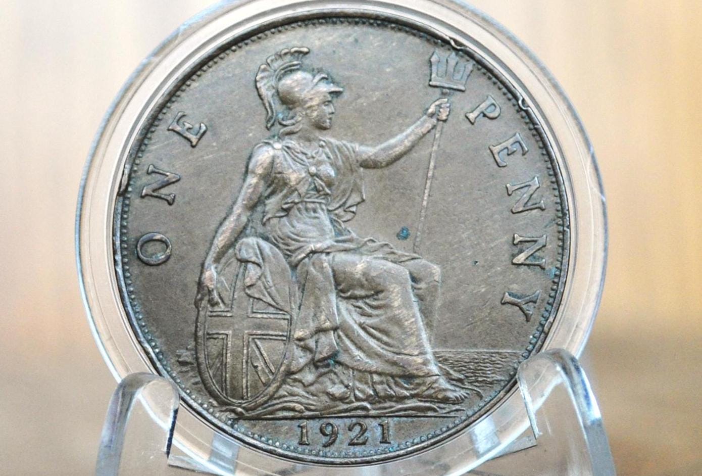 1921 Great Britain One Penny - AU (About Uncirculated) Grade / Condition - UK Large Penny 1921 - King George 1 Penny, Bronze, UK penny 1921