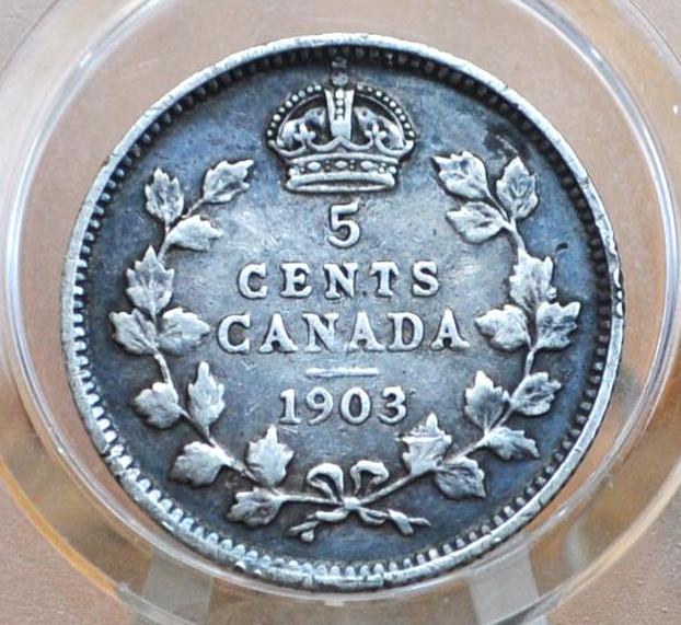 1903 Canadian Silver 5 Cent Coin - F (Fine) Condition - King George - Canada 5 Cent Sterling Silver 1903 H Canada - Lower Mintage