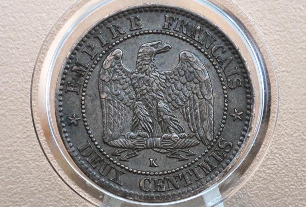 1862 K 2 Centimes Coin France - Choice AU (About Uncirculated) - Deux Centimes 1862 K France - Napoleon Iii - High Grade, Great Coin