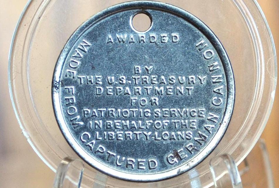 1919 Victory Liberty Loan Medal Made from Captured German Cannon - WWI US Military Victory Liberty Loan Token, Awarded for Patriotic Service