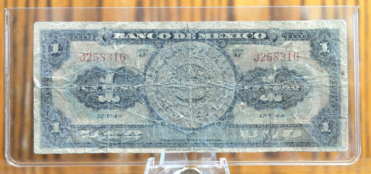 1954 Bank of Mexico 1 Peso Bank Note - Aztec Calendar Design - Series FA - Excellent Condition - 1954 One Peso Mexico Note - P#56b