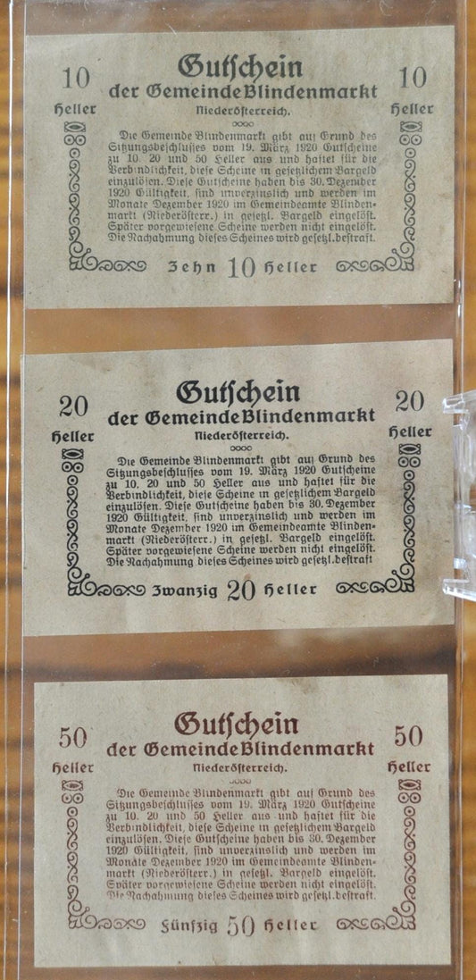 Set of 3 1920 Austria Heller Blindenmarkt Notgeld - 10, 20, and 50 Heller - WWI Austrian Notgeld - 1920 Austria Heller Blindenmarkt Notes