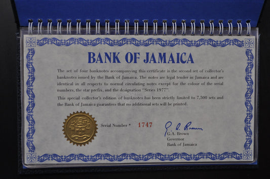 1977 Bank of Jamaica Star Note Collectors Set - Serial Number 1747 - 1, 2, 5, 10 Dollar Notes - 1977 Jamaican Star Note Collectors Book