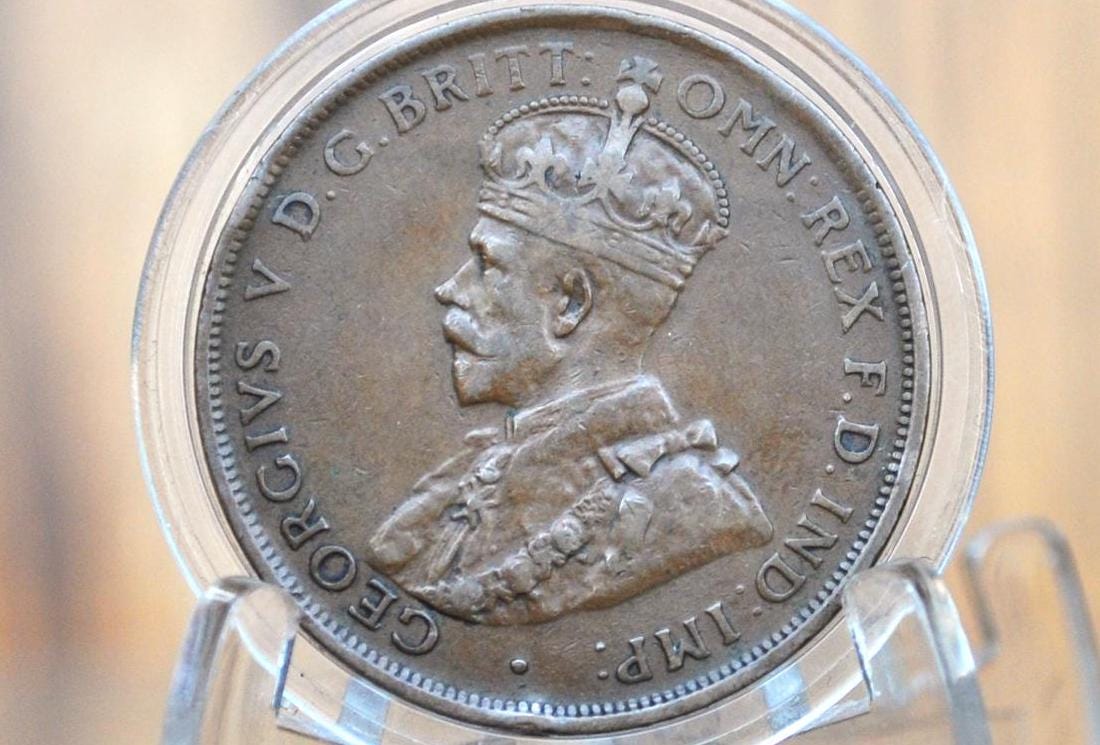 1927 Australian One Penny - Good Condition - King George - Australian One Cent 1927 - Large Penny / Large Cent - Old Australia Coins