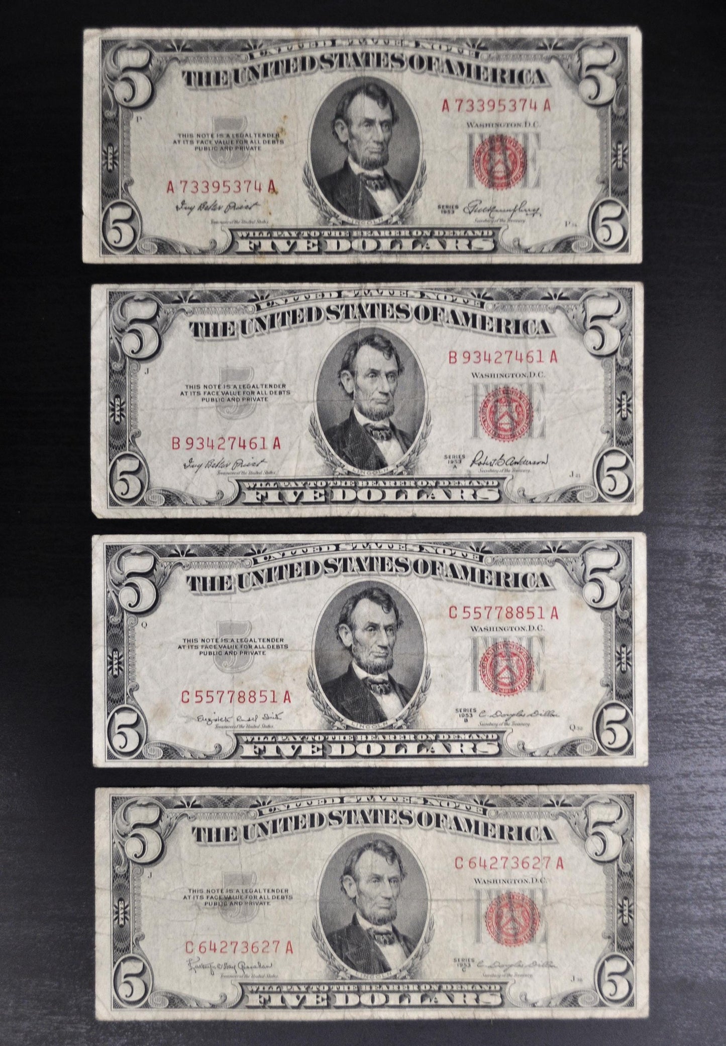 1953 Red Seal 5 Dollar Bill Fr#1533 - Choose by Grade, Good to Extra Fine - 1953 Five Dollar Bill 1953 Fr#1533, 1953A, 1953B