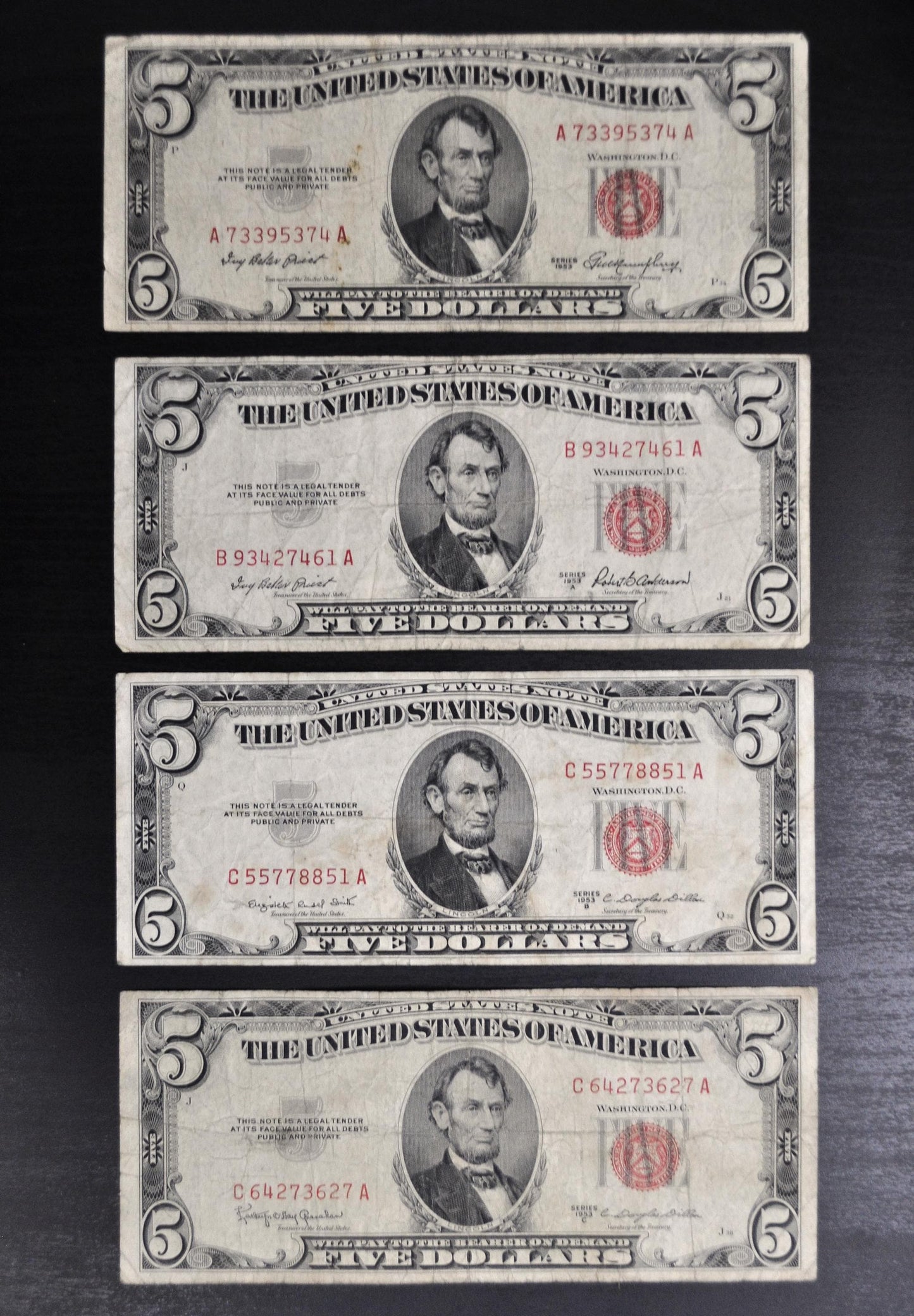 1953 Red Seal 5 Dollar Bill Fr#1532-1535 - Choose by Grade - Single Note or Series Set - 1953 Five Dollar Bill 1953, 1953A, 1953B, 1953C