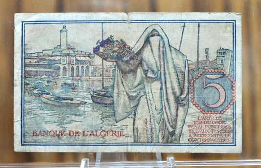 1944 Bank of Algeria Tunisia 5 Franc Banknote - World War II Issue - Tunisia Five Francs Bank Note 1944, Banque De L'Algerie - P#15