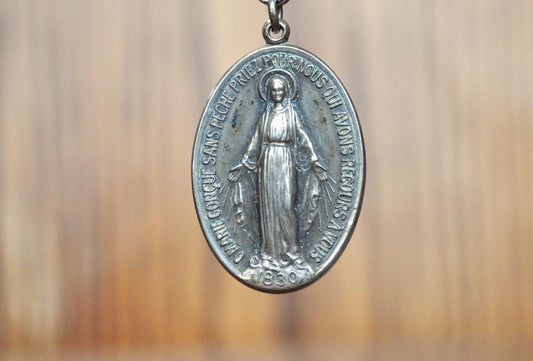 Vintage HMH Religious Mary Mother of Jesus Pendant 1830- Catholic Miraculous Pendant Sterling Creed - Virgin Mary Sterling Creed HMH Charm