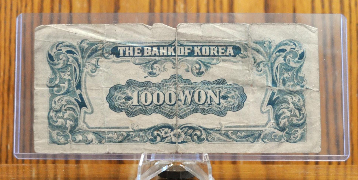 1950 Bank of Korea 1000 Won Note - Rarer South Korea Note - Syngman Rhee Issue - Fine Grade - 1950 South Korean One Thousand Won Note - P#8