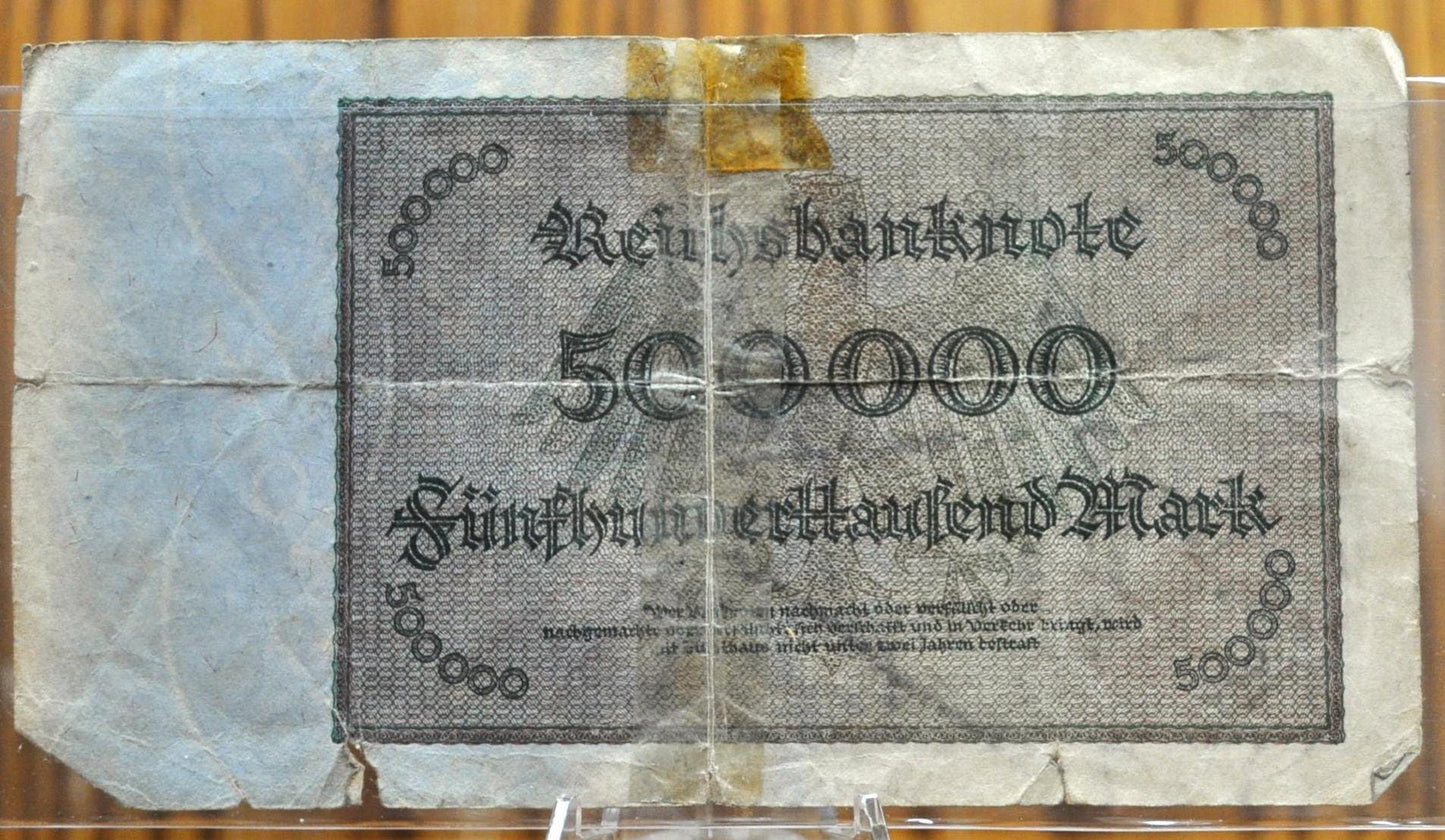 1923 500,000 Mark German Paper Reichsbanknote - Great Condition, Obverse Serial Number Only - 1923 Five Hundred Thousand Mark Note - P#88b