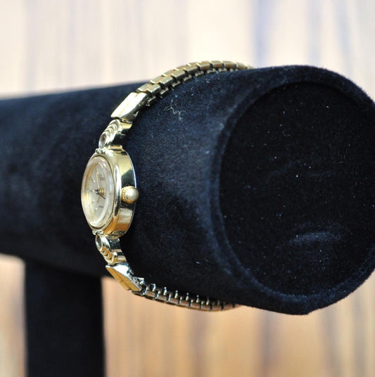 Vintage Timex Gold Toned 19mm Ladies Watch - Glitter Dial, Expansion Stretch Band - Dainty Timex Gold Glitter Dial Ladies Watch - No Battery