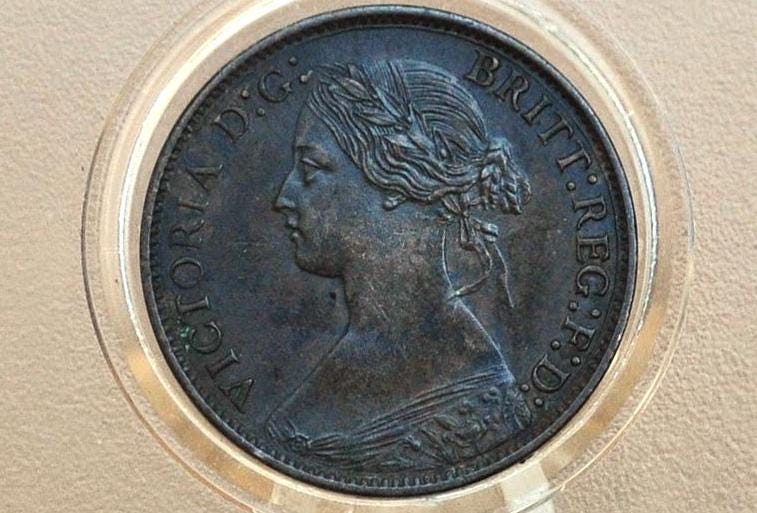 1868 Farthing Great Britain - Choice AU, Beautiful Coin - UK Farthing 1868 - Queen Victoria Young Head - Bronze