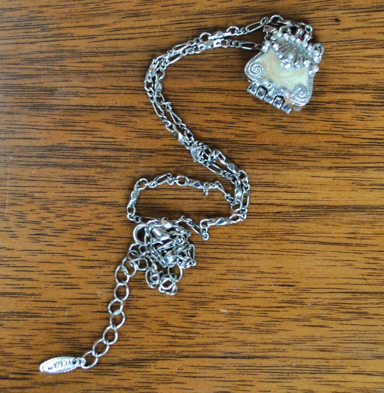 Vintage VCLM Silver-Toned Enamel Rhinestone Purse Locket Necklace - Unique Locket Necklace - Cool VCLM Silver Purse Locket Necklace