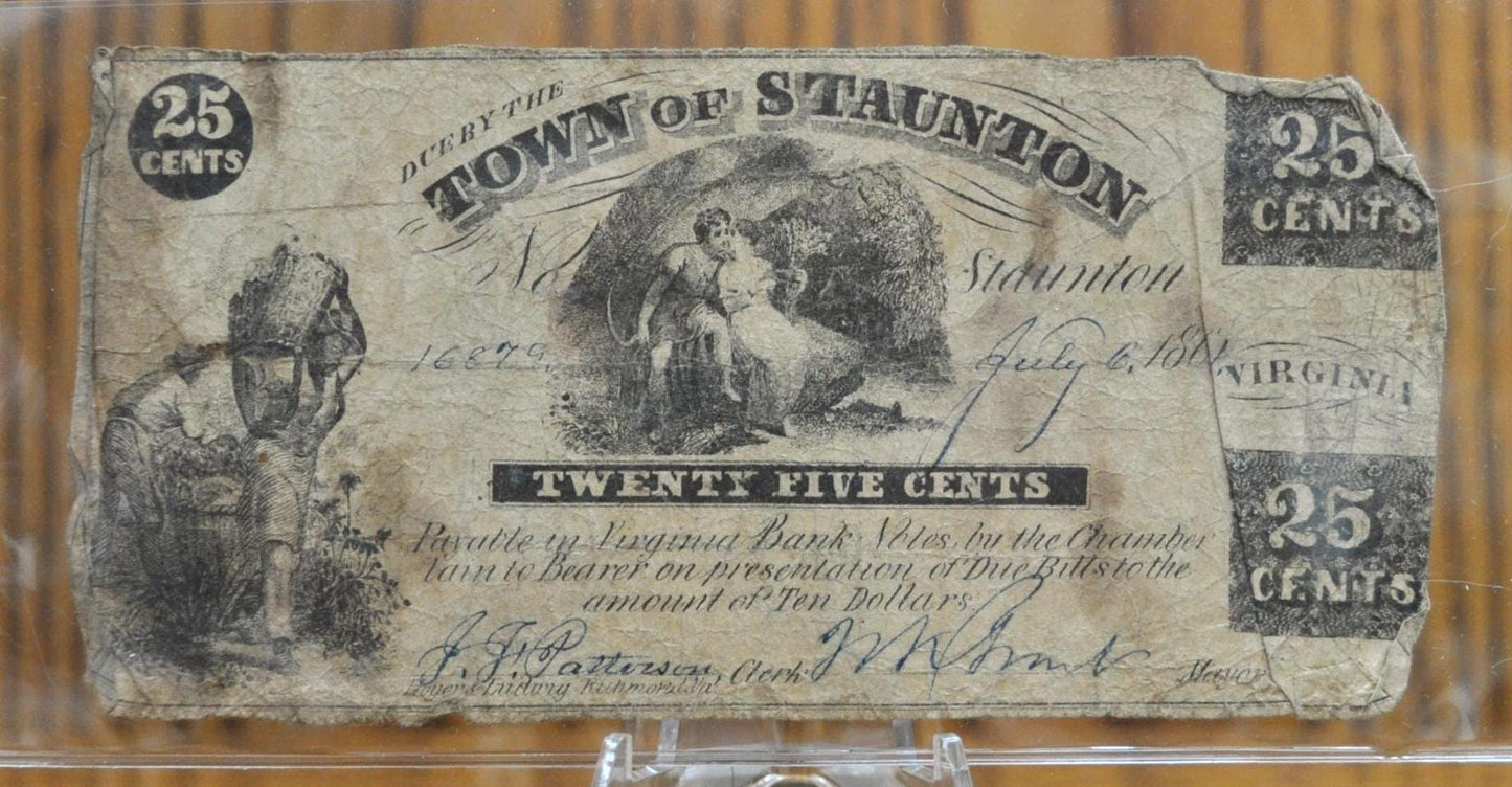 1861 Town of Staunton 25 Cent Fractional Obsolete Note - VF (Very Fine) - Civil War Era Virginia Obsolete - 1861 Staunton Twenty-Five Cents