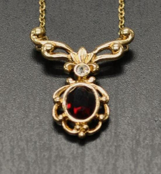 Vintage Avon Gold-Toned Garnet Juliette Necklace - 1989 Avon Signed Necklace - Vintage Avon Gold Red Garnet Elegant Necklace