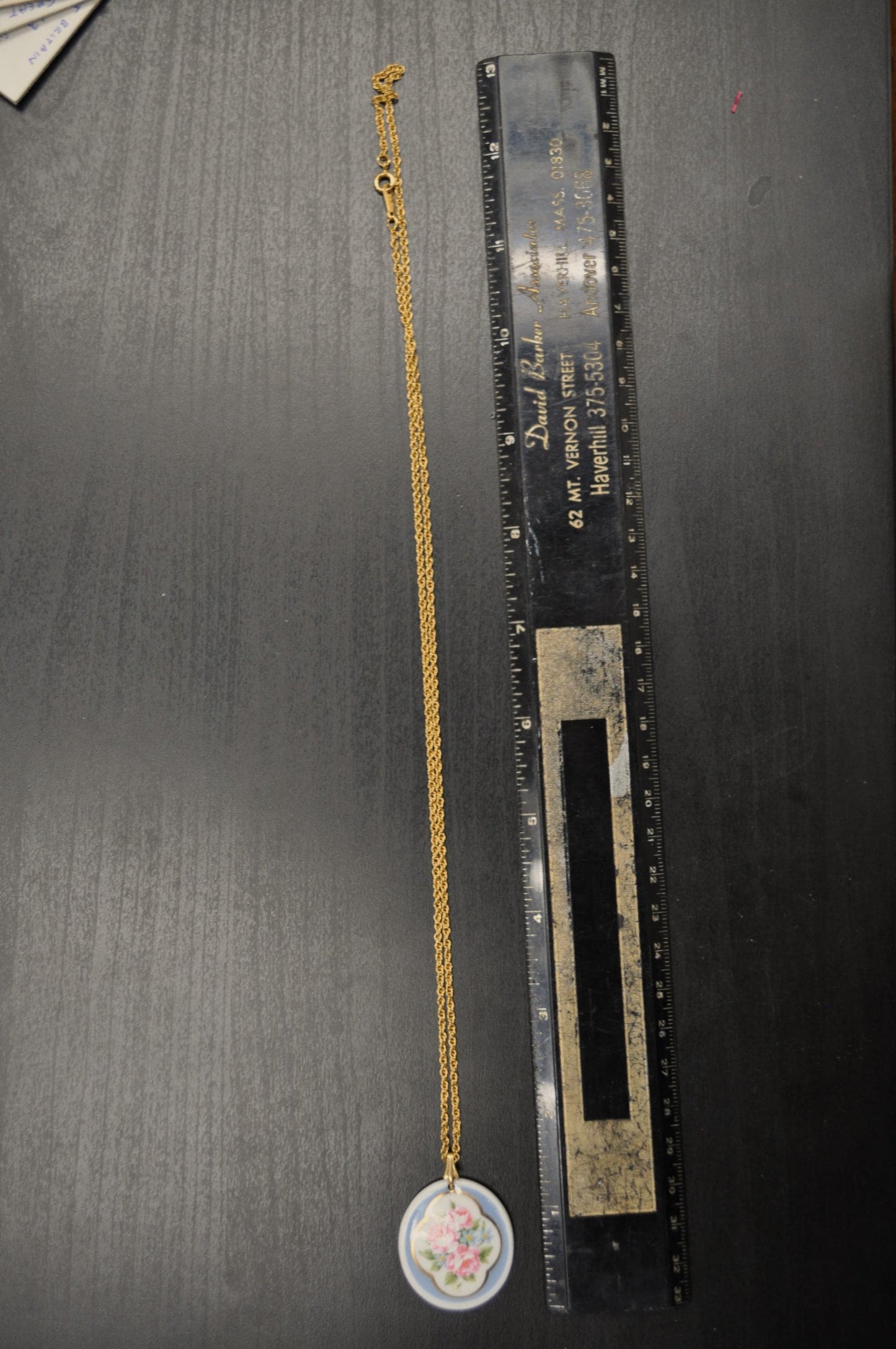 Vintage Avon Gold-Toned Blue Porcelain Floral Design Necklace - Avon Rose Necklace - Vintage Avon Gold Rose Ceramic Pendant Necklace