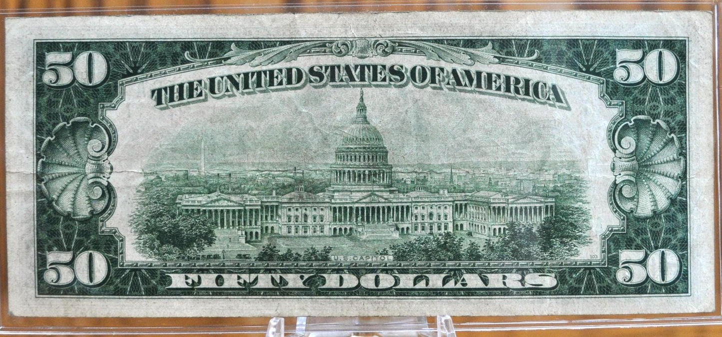 1934 Federal Reserve 50 Dollar Note - Very Fine (VF) - Boston MA (A) - Dark Green Seal - 1934 Fifty Dollar Federal Reserve Note - Fr.2102a-A