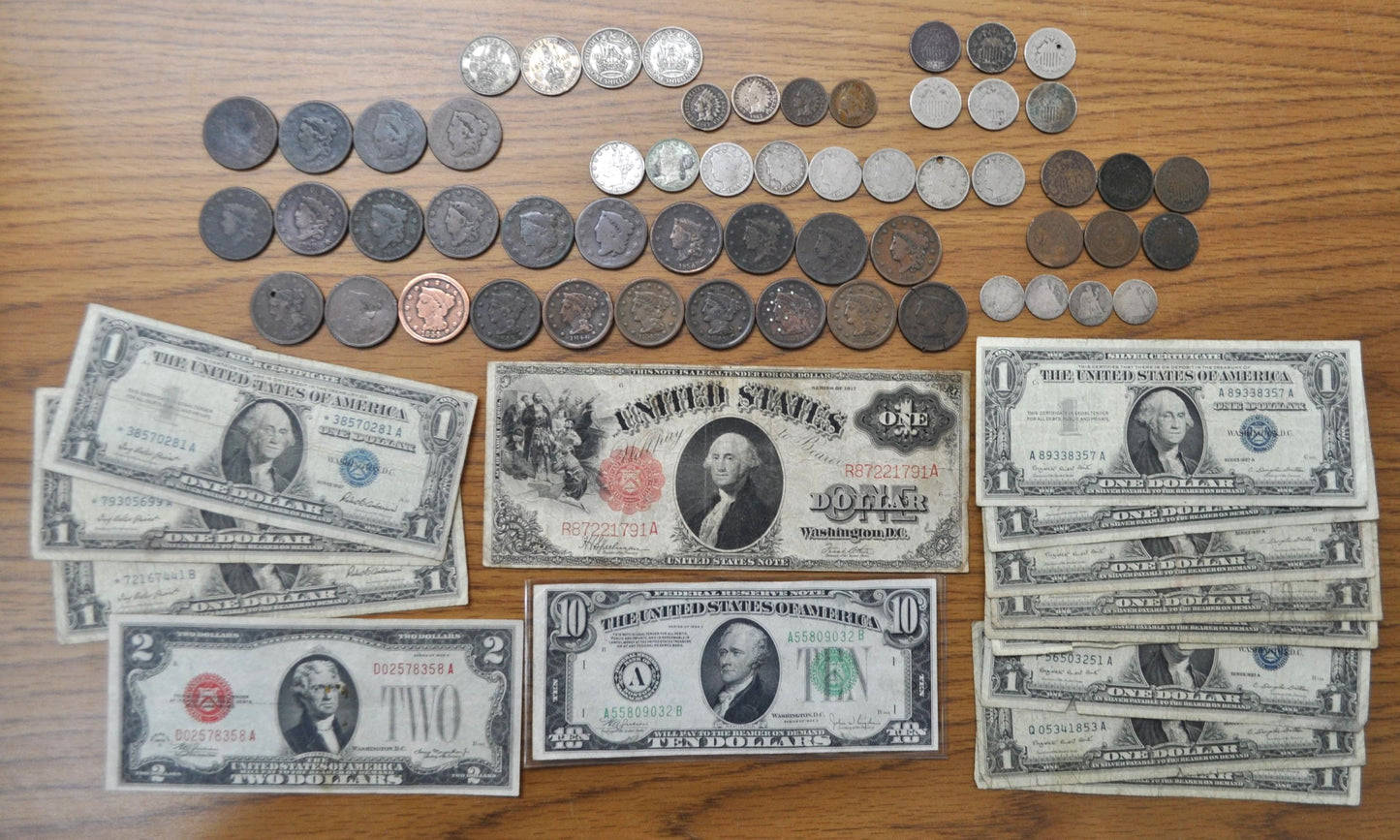 Old US Coin & Paper Currency Lot, Exact Items Photographed - Priced to Sell - Large Cents, Two Cent, Shield Nickels, V Nickels, Seated Dimes