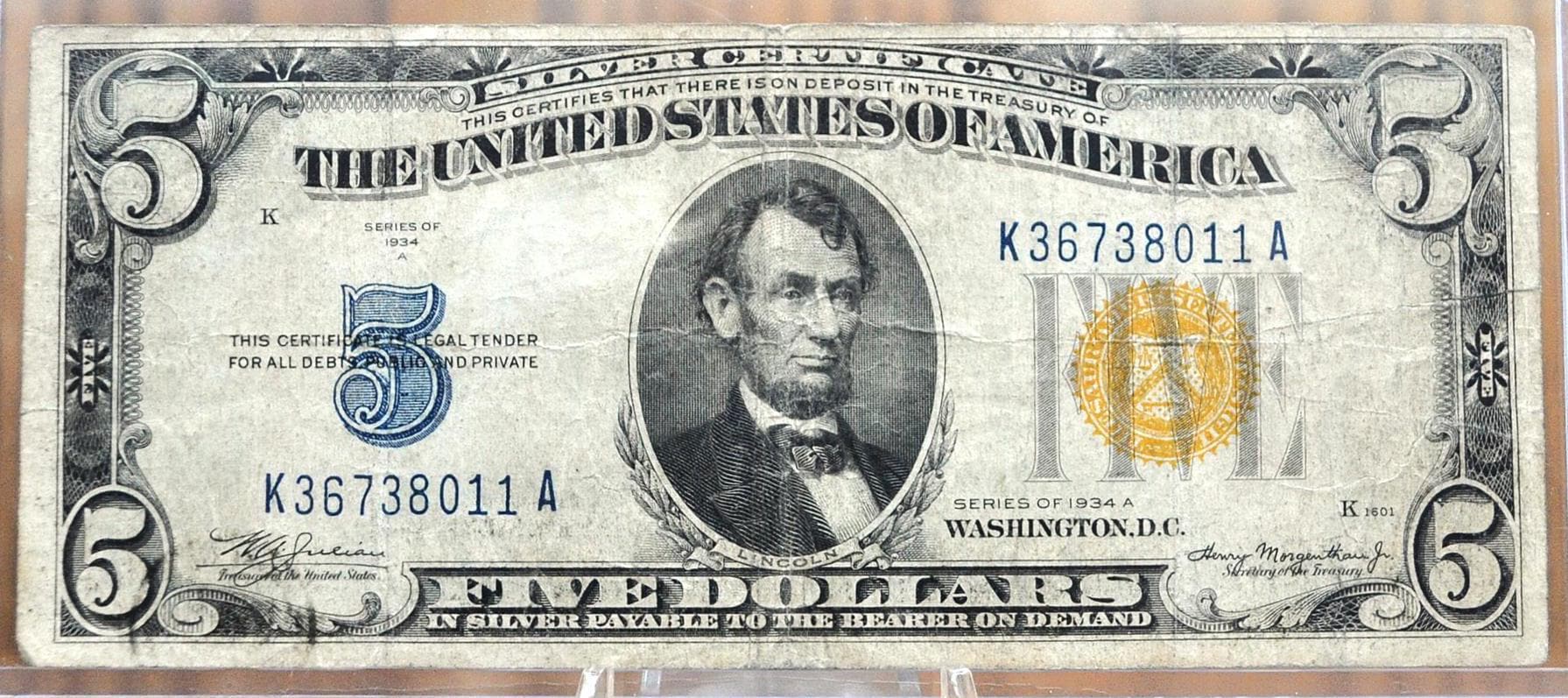 1934-A 5 Dollar North Africa Silver Certificate Yellow Seal - F+ (Fine-Very Fine) Grade, 1934 North Africa Five Dollar Silver Cert Fr#2307