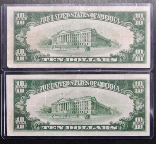 Pair of 1928 10 Dollar Gold Certificate Notes - Consecutive Serial Numbers - Rare 1928 Gold Cert 10 Dollar Consecutive Set of 2 - Fr#2400