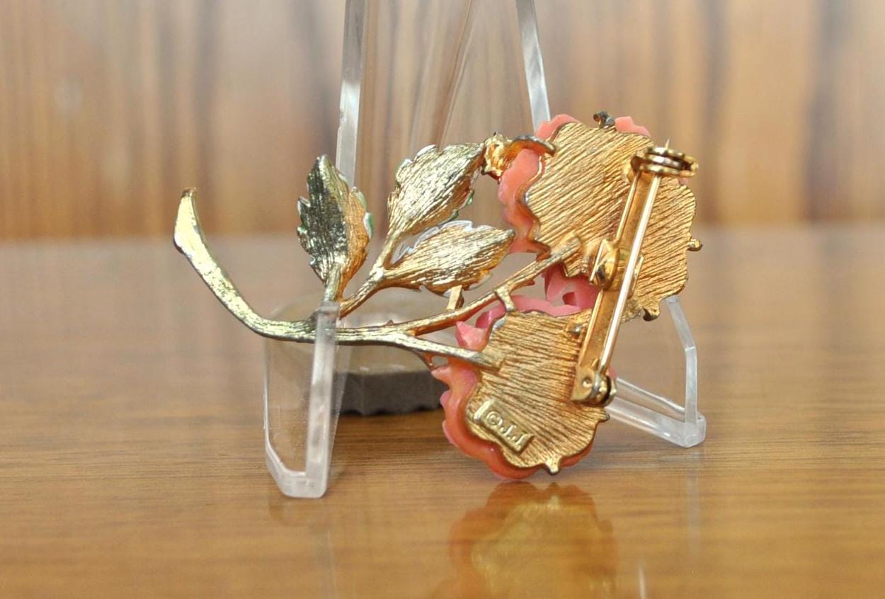 Beautiful JJ Jonette Signed Rose with Ladybug Pin Lapel Enamel Collectible - JJ Jewelry - JJ ladybug Rose Brooch