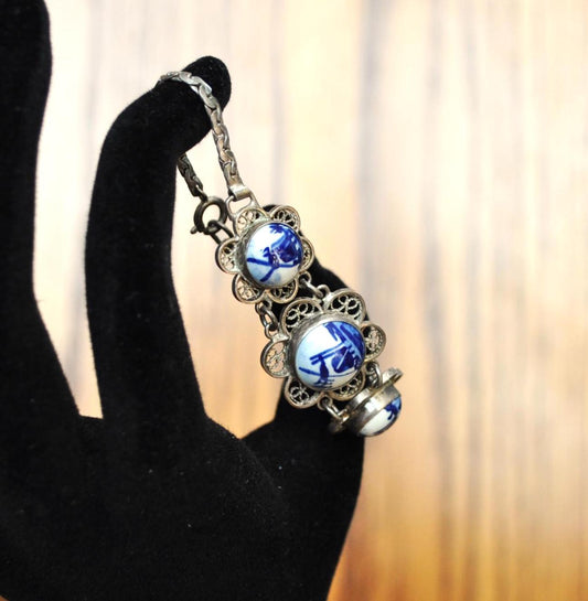 Authentic Sterling Silver Delft Porcelain Bracelet - 7in Length - Signed Delft Porcelain - Vintage Delft Windmill Porcelain Bracelet 925