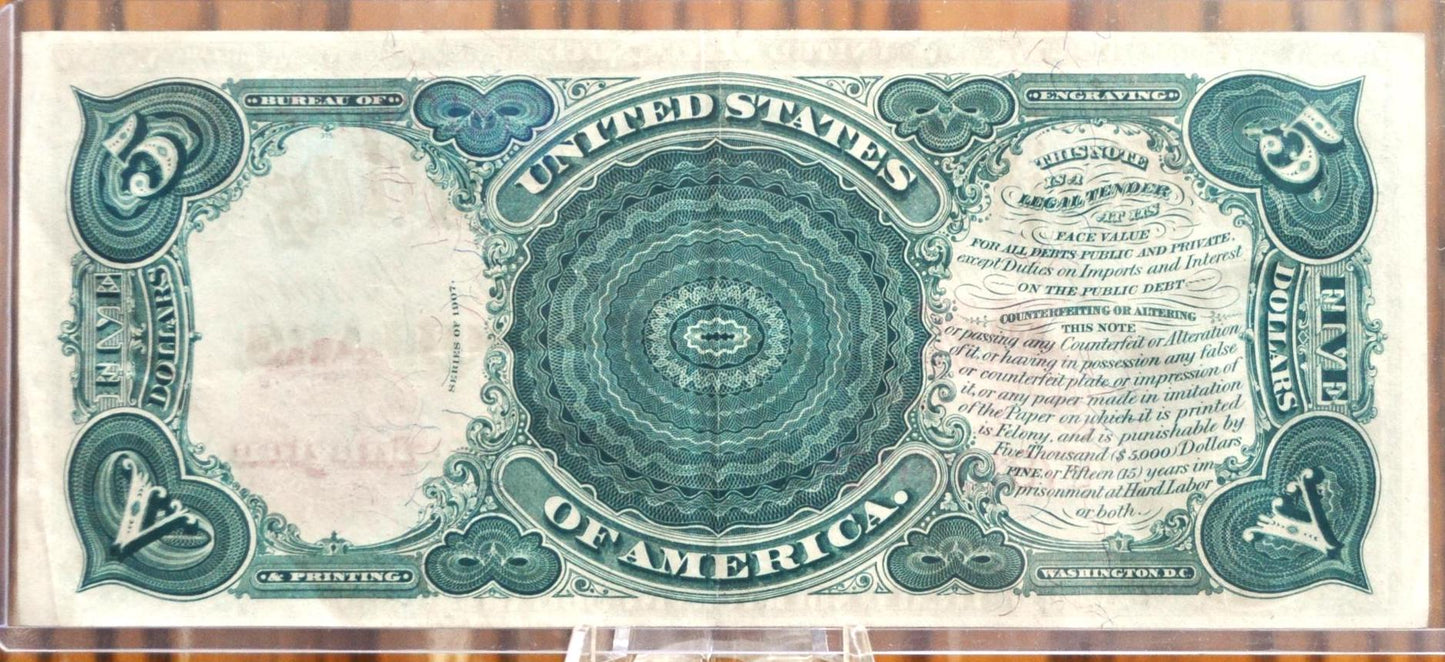 1907 5 Dollar United States Note, Woodchopper Note! Fr#88, AU Grade/Cond. 1907 Series Woodchopper 5 Dollar Bill Large Size 1907 Horseblanket
