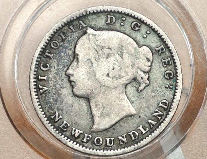 1880 Newfoundland Silver 5 Cent Coin - Fine Grade - Queen Victoria - 5 Cents Newfoundland 1880 Silver - Scarce Mintage