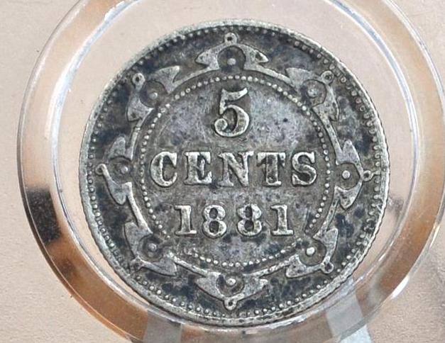 1881 Newfoundland Silver 5 Cent, Rare Coin, Only 40,000 minted - F (Fine) Grade / Condition - Queen Victoria -