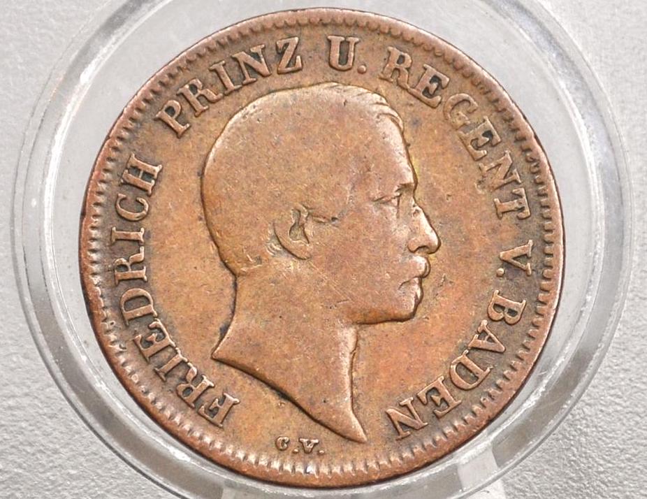 1856 German States 1 Kreuzer - Grand Duchy of Baden - Fine Grade - Frederick I -