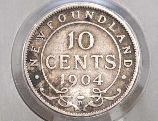 1904 Newfoundland 10 Cent, Sterling, Rare, Only 100,000 minted, F/VF Grade/Condition, Silver 5 Cents Newfoundland 1904